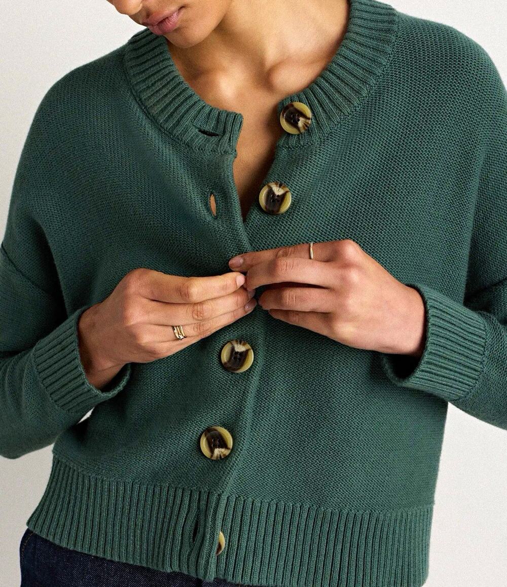 Quince Organic Cotton Knit Green Button Front Cropped Cardigan Sweater Women's L